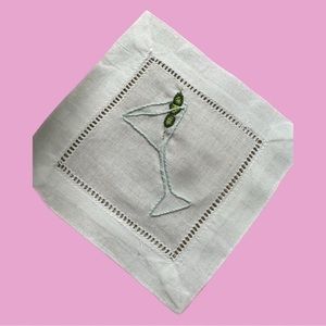 SET OF 2 HAND EMBROIDERED COCKTAIL NAPKINS MARTINI